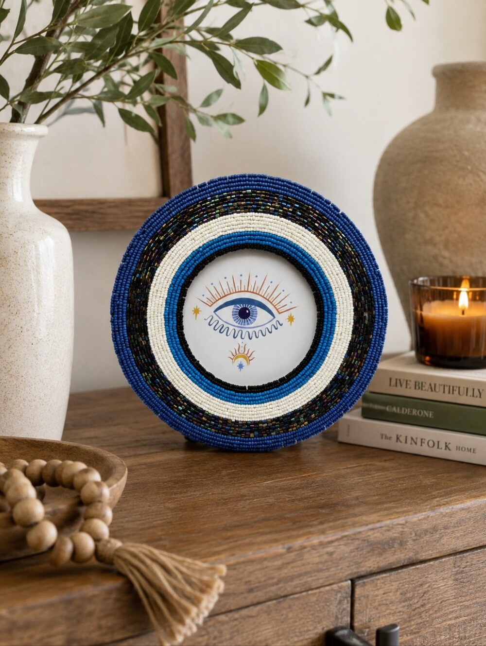 World Market - Blue Beaded Decorative Picture Frame with Eye Motif